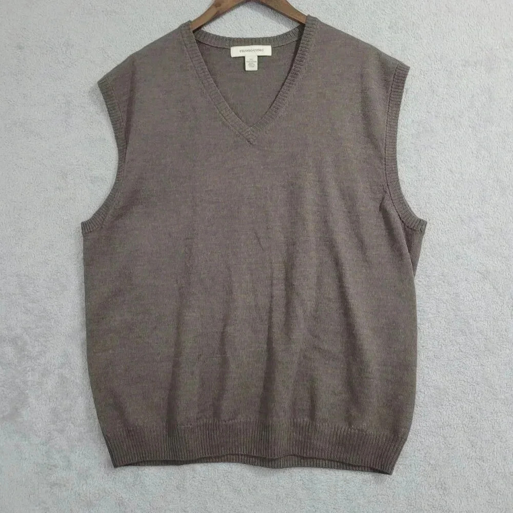 Pronto Uomo Mens XL Brown 100% Merino Wool Sleeveless V-Neck Sweater Vest  9PT